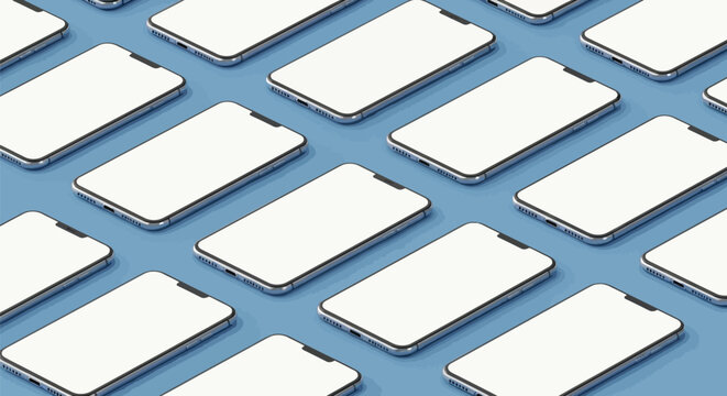 Grid of modern smartphones with blank white screens arranged diagonally on a blue background, representing technology and mobile devices.