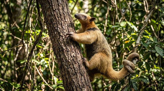 southern tamandua climbing tree trunk prehensile tail