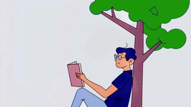 Animation Young man reading book under tree, outdoor leisure and education concept illustration