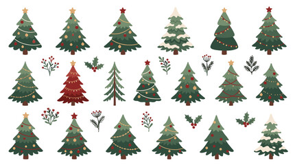 Fototapeta premium Set of hand drawn Christmas trees and winter botanical elements
