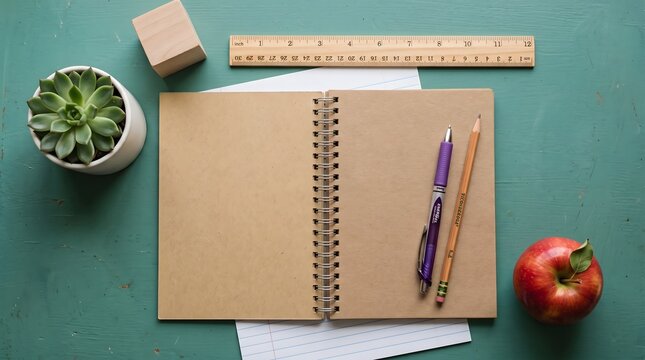 Teachers day flat lay with notebook succulent apple and school supplies on teal background