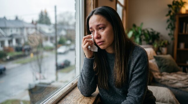 Sad woman crying and wiping tears with a tissue by the window at home.