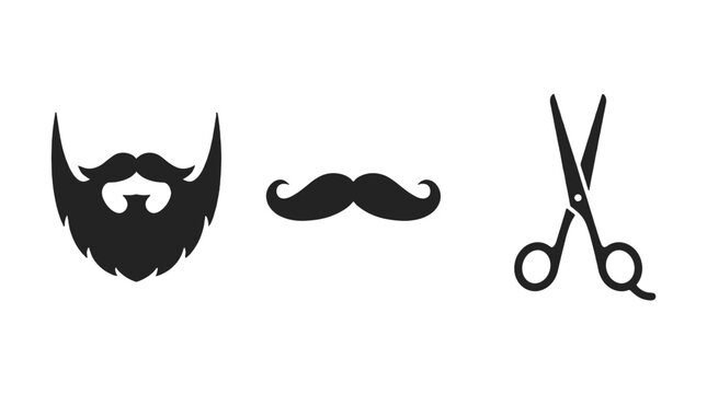 Beard moustache and scissors silhouette icon set
