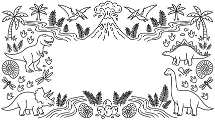 Dinosaur theme coloring page with volcano palm trees and prehistoric life. © abedin