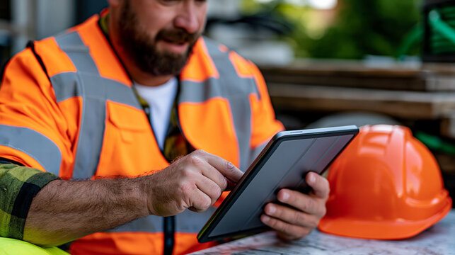 Remote worker completing a two-minute microlearning safety compliance module on a company tablet during a construction site lunch break, hard hat resting beside the device, professional development 