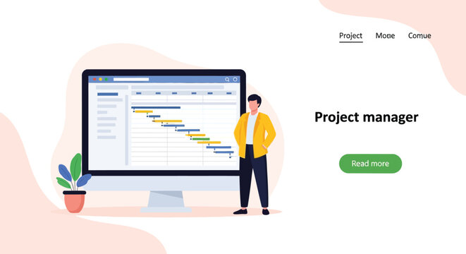 Professional project manager character standing by large monitor displaying gantt chart timeline for business planning task management and team scheduling.