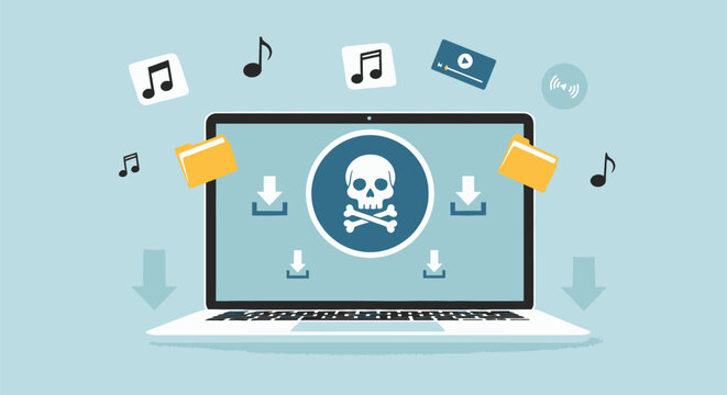 Laptop computer showing skull icon with download arrows and media files illustrating cyber threats malware piracy security risks digital safety internet danger.