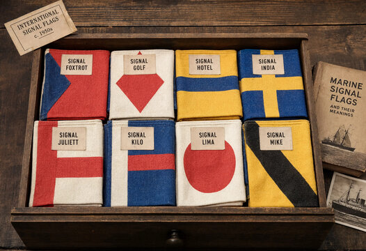 An open wooden drawer containing folded international marine signal flags with labels, including foxtrot, golf, hotel, india, juliett, kilo, lima