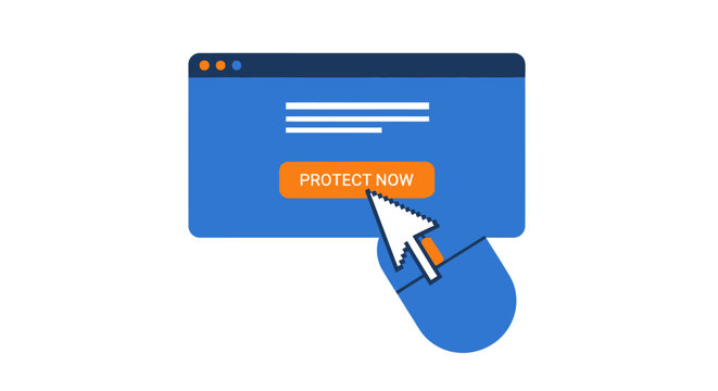 Cybersecurity Concept with Mouse Clicking Protect Now Button on Browser Window for Online Safety and Data Privacy