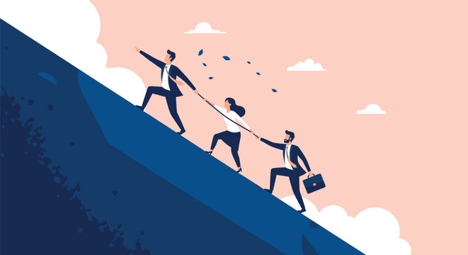 Business team climbing steep blue mountain slope together with rope representing leadership cooperation overcoming challenges and achieving shared success.