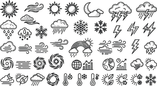 Weather forecast and meteorology line icon set with sun hand drawn clouds lightning rainbow thermometer vector outline collection