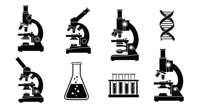 Microscopes Flask And Dna Strand Silhouette Collection On White Background