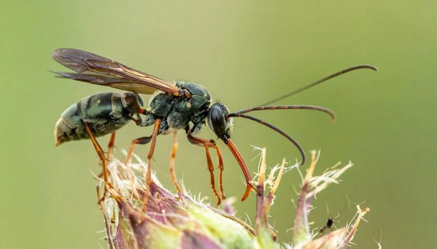 Ichneumon Wasp with Long Ovipositor on Plant Stem in Detailed Macro View