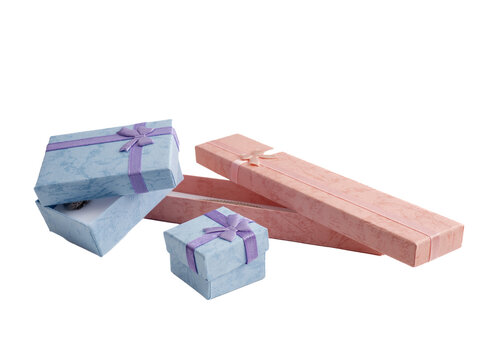 empty pastel peach and baby blue ring jewelry boxes  close up
