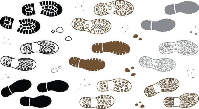 Shoe footprints and boot sole print vector collection featuring diverse shoe tread marks, hiking boot tracks, muddy paths, and sneaker silhouette line art.