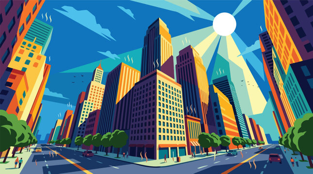 Hot summer city heatwave vector illustration. Flat design urban cityscape with rising heat waves under blazing sun. Colorful skyscraper buildings background.