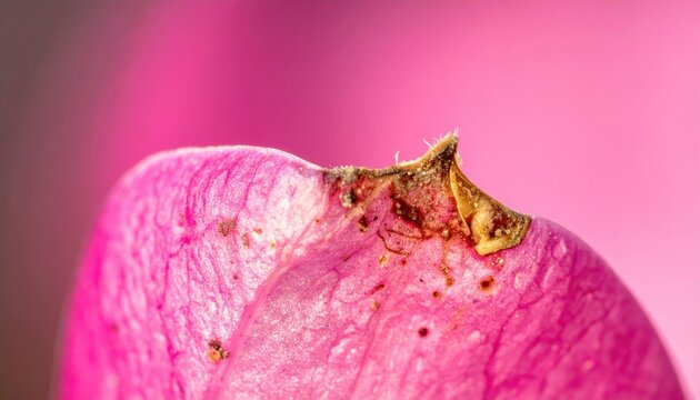 Extreme Close-Up Macro View of Pink Flower Petal Showing Thrips Damage with Tiny Erosions