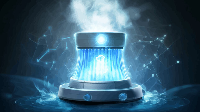 Luminous digital device emitting cerulean light into water, surrounded by mirrored currents and abstract circuitry