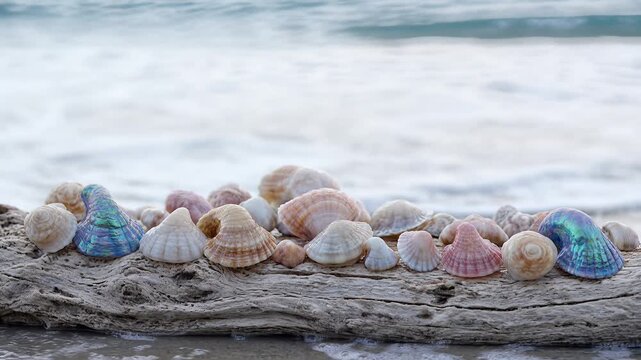 Exquisite Seashell Collection Artfully Arranged on Driftwood with Ocean Waves in Background