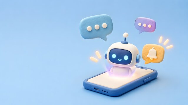 スマートフォンのAI通知とチャットボットを表現したかわいいクレイイラスト