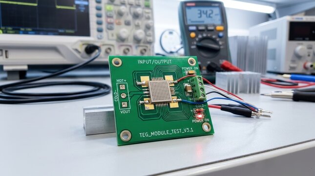 Green circuit board with microchip and testing equipment in a technology lab
