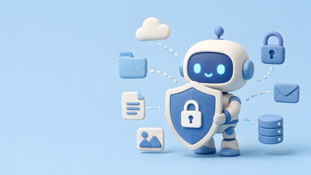 AIロボットによるサイバーセキュリティ保護を表現したクレイイラスト