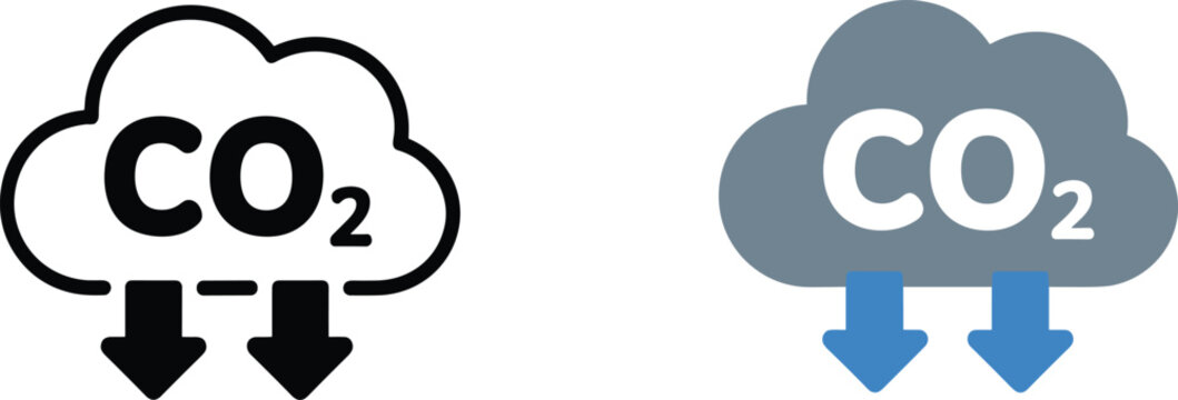 Black and white C O2 cloud icons with downward arrows carbon dioxide emission