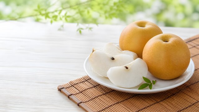 梨 丸ごととくし形カットの幸水梨 白皿に盛った夏の旬の果物