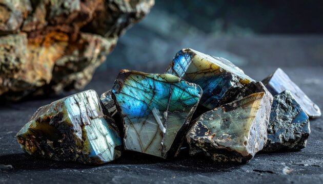 Rough, uncut chunks of raw labradorite showcasing iridescent blue and green flashes