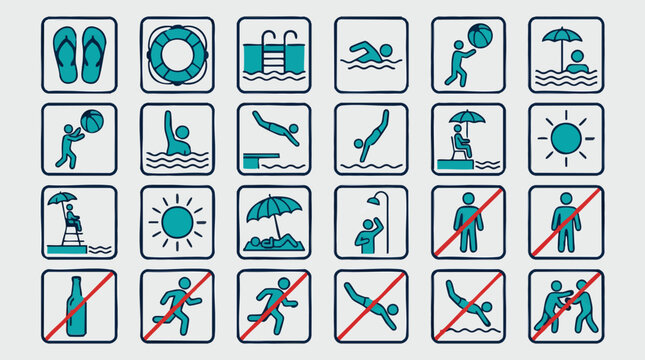 Swimming pool rules and safety icons set for public and private pools