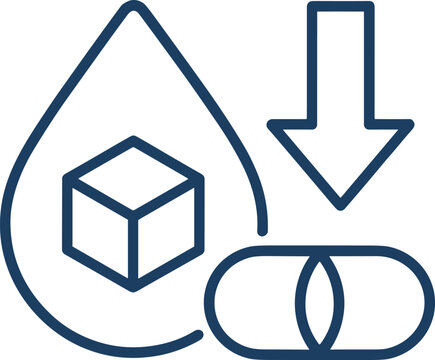 Sugar cube, pill, and downward arrow icon on white background capsule medicine