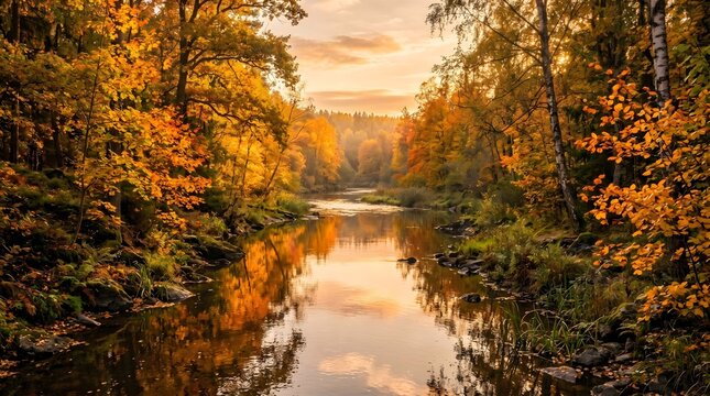 Scenic Autumn River Flowing Through Golden Forest at Sunset with Reflections