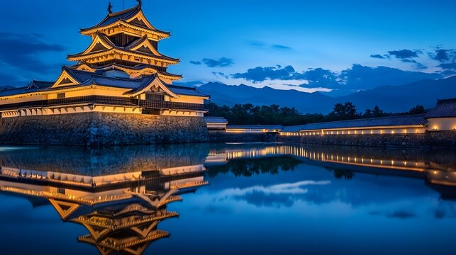 水面に映るライトアップされた日本の城と美しい夜景