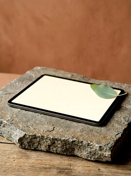Black digital tablet with blank screen resting on textured stone surface
