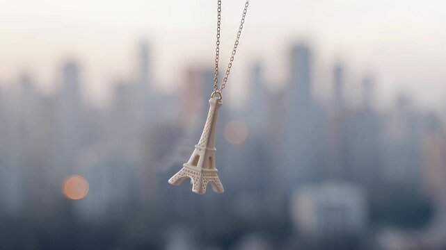 Elegant Eiffel Tower Pendant Necklace Hanging With Blurred Cityscape Background