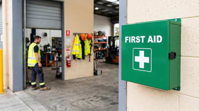 First aid kit box, green emergency medical cabinet, industrial safety equipment, workplace health