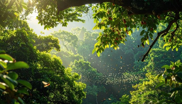 Thousands of Cicadas Swarm From Leafy Branches in Sun-Dappled Forest During Summer
