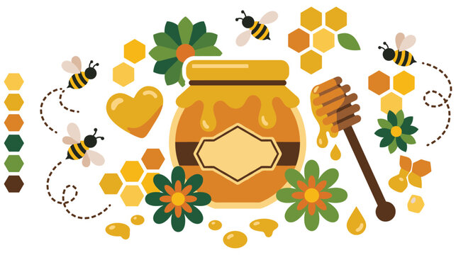 Honey jar with bees, honeycomb, and flowers, sweet food.