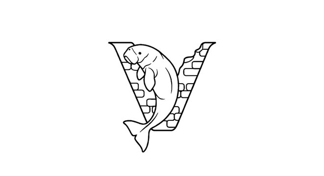 Illustrated Manatee Inside Letter V Design.