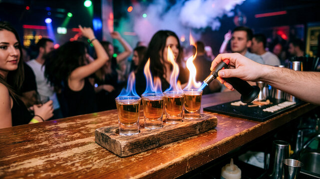 four flaming alcohol shots on bar counter