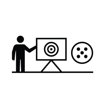 Presentation silhouette featuring a target and scattered dots on a white background bullseye figure human shaped stick figure icon pictogram flat design