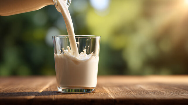 milk pouring smoothly into glass, minimal splash, clean composition, soft warm lighting, warm natural sunlight, wooden table surface