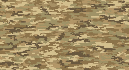 Seamless camouflage pattern in shades of desert tan, brown, and olive green provides an effective military concealment texture for various designs. © Mr