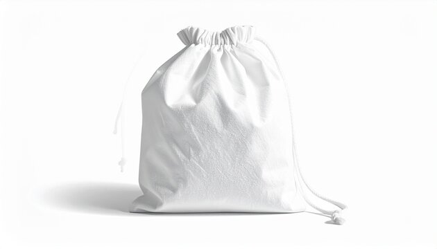 White fabric pouch with drawstring closure mockup for branding drawstring isolated packaging template branding sustainable reusable material