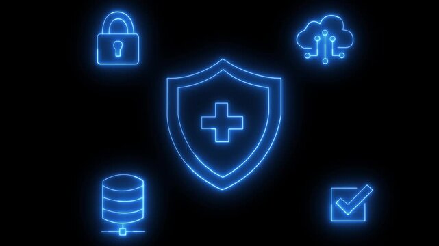 Neon Cyber Security and Data Protection Animation with Shield, Cloud, Lock and Database Icons on Black Background