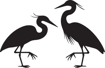 Fototapeta premium Black silhouette heron egret birds, facing each other, long legs, curved necks, pointed beaks, elegant posture, wildlife icons, nature vector illustration