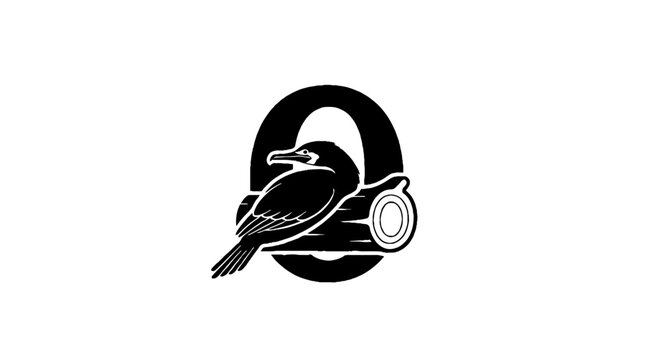 Black and white raven logo with circular design.
