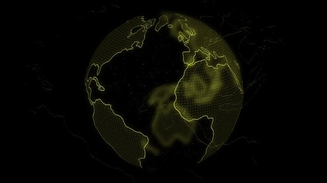 Digital globe with glowing yellow continents and dot pattern, representing global connectivity, technology, and data communication on a dark background