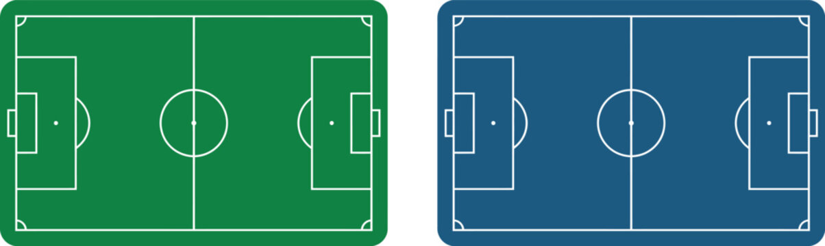 World football championship pitch views green and blue soccer field top down illustrations