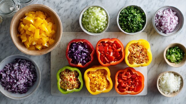 A bright kitchen prep scene with chopped ingredients and filled peppers arranged neatly on a marble countertop